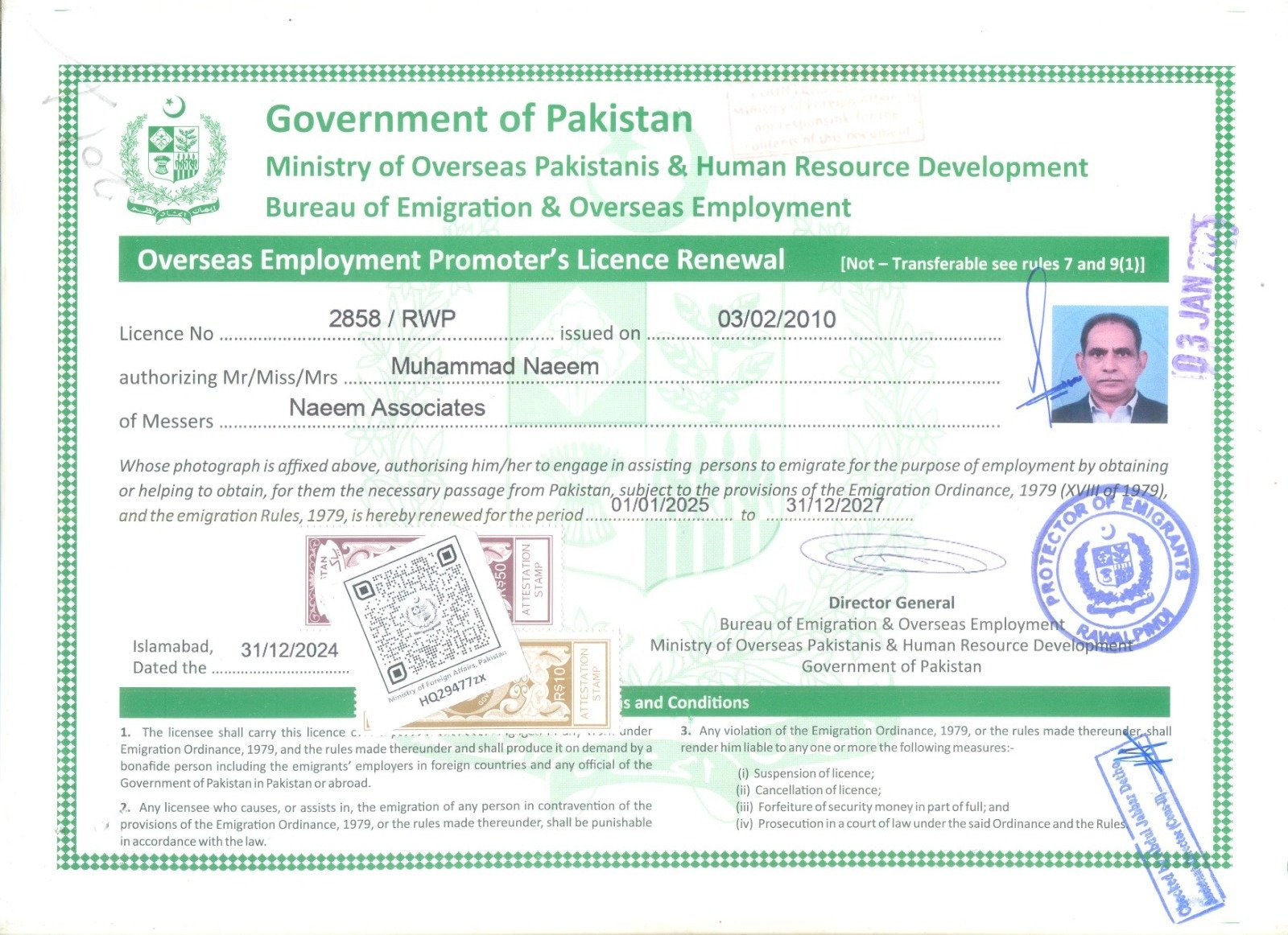 Naeem Associates Overseas Employment Promoter's Licence Renewal, issued by the Government of Pakistan Bureau of Emigration and Overseas Employment, Licence No. 2858/RWP, authorizing Muhammad Naeem, valid through 31 December 2027